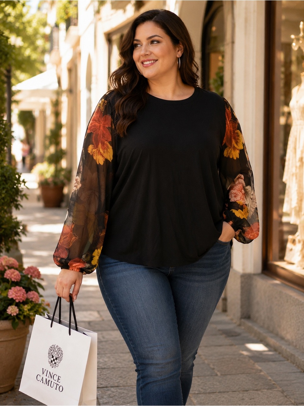 Tahari Black Soft Stretch Flowy Top Floral Sheer Sleeves Elastic Wrist Viscose